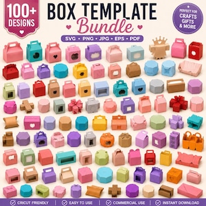 May include: A digital collection of over 100 box templates in various shapes and colors, including pink, blue, yellow, and red. The image displays numerous paper box designs with cutouts, handles, and lids, labeled as a bundle for SVG, PNG, JPG, EPS, and PDF.
