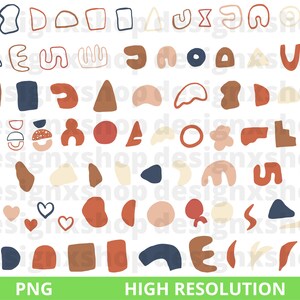 May include: A set of 50 abstract shapes in various colors, including red, orange, brown, cream, and blue. The shapes are simple and geometric, and they are perfect for use in digital or physical crafts.