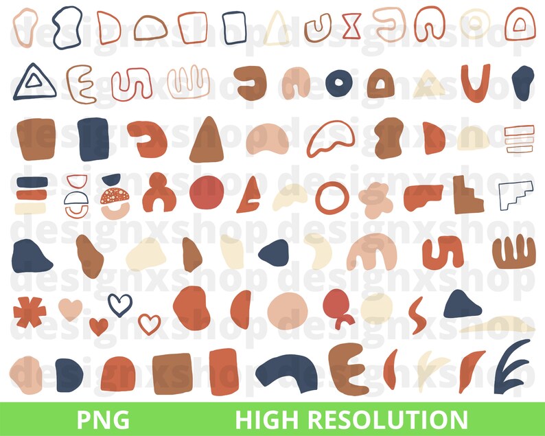May include: A set of 50 abstract shapes in various colors, including red, orange, brown, cream, and blue. The shapes are simple and geometric, and they are perfect for use in digital or physical crafts.