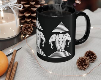 Vintage Laos 3 Headed Elephant Flag Black Mug - 11oz, Laos Symbolic Coffee Cup, Lao Design Mug, Unique Laos Gift, Collectible Laos Mug