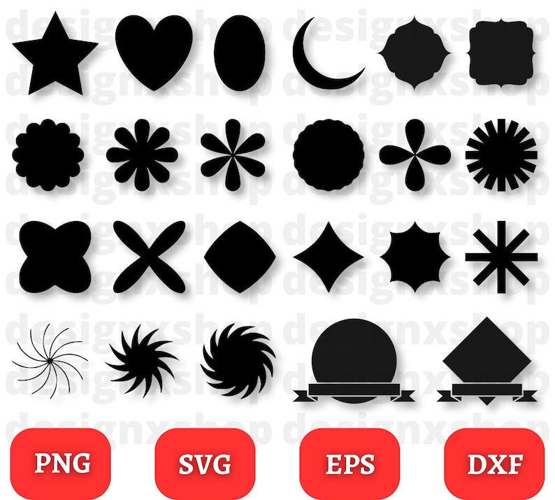 May include: A set of 20 black and white silhouette shapes, including a star, heart, circle, crescent moon, flower, cross, diamond, and more. The shapes are arranged in four rows of five. The shapes are perfect for crafting, scrapbooking, and other creative projects.