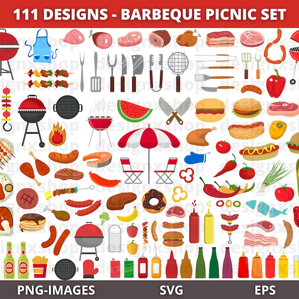 111 BBQ Clipart, Barbeque Clipart, Picnic Clipart, Backyard BBQ Clipart, Summer Clipart, Grill Party Food, Burgers, Grill, Cookout, PNG File