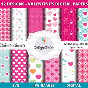 Valentine&#39;s Day Digital Paper: Hearts & Sweets Patterns (JPEG, SVG)