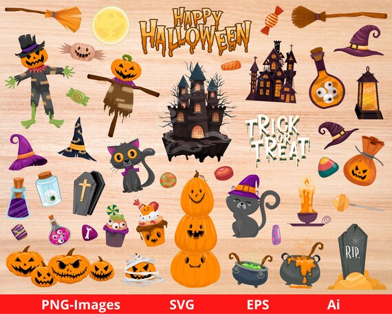 Halloween clipart, Trick or Treat clipart, Pumpkin clipart, Candy, Magic, Halloween black cat, haunted house, Instant Download SVG and PNG