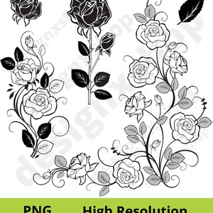 May include: Black and white line art illustration of roses with leaves and stems. The roses are in various stages of bloom, some are fully open, others are in bud. The illustration is perfect for use in scrapbooking, card making, or other craft projects.