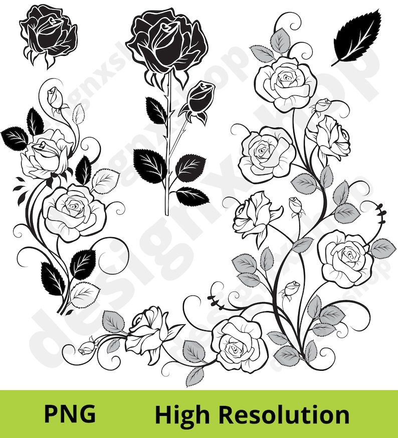 May include: Black and white line art illustration of roses with leaves and stems. The roses are in various stages of bloom, some are fully open, others are in bud. The illustration is perfect for use in scrapbooking, card making, or other craft projects.