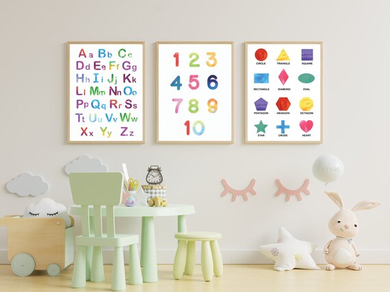3 Educational Printable Posters for Kids, Alphabet print, Numbers print, Shapes print, Nursery Print, Classroom Poster, Instant Download