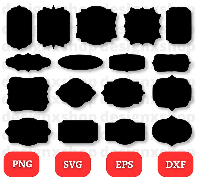 May include: A set of 15 black silhouette frame shapes for digital design projects. The frames are in various styles, including square, rectangle, oval, and ornate. The image includes the file types PNG, SVG, EPS, and DXF.