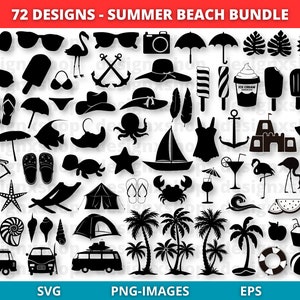 May include: A set of 72 black and white summer beach themed SVG, PNG, and EPS digital clip art images. The images include a variety of summer beach icons such as palm trees, seashells, flip flops, ice cream cones, and more.