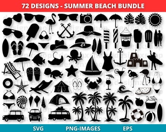 May include: A set of 72 black and white summer beach themed SVG, PNG, and EPS digital clip art images. The images include a variety of summer beach icons such as palm trees, seashells, flip flops, ice cream cones, and more.