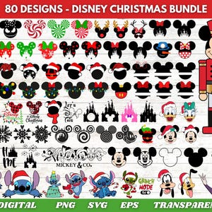 May include: A digital bundle of 80 Disney-themed Christmas designs. The image features various Mickey Mouse silhouettes with holiday decorations, Disney characters, castle outlines, and the text "Disney Christmas Bundle". The designs are available in PNG, SVG, EPS, and transparent formats.