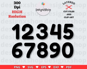 May include: Black, bold numbers 0-9 in a rounded font. The image includes the text "300 Dpi High Resolution" and "Layered Cut Files and Clip Art". The DesignXShop logo is also present, along with file type icons.