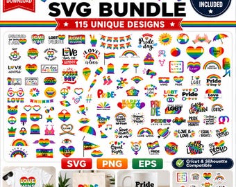 May include: A digital collection of 115 LGBTQ-themed graphic designs featuring rainbow colors, hearts, and text such as Pride, Love Wins, and Equal Rights. The bundle includes SVG, PNG, and EPS file formats for use on shirts, mugs, and stickers.