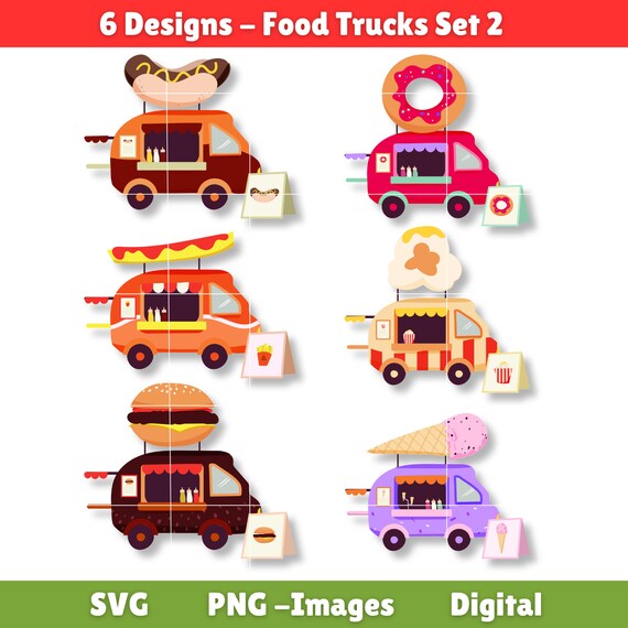 Food truck clipart, food trucks, donut, burger, ice cream, hotdog, popcorn van clipart, food vans, food clipart, SVG PNG