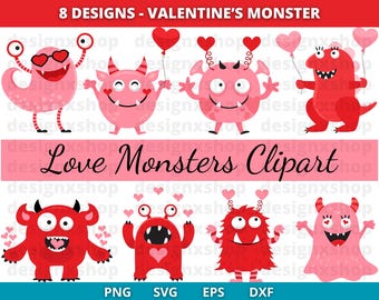 Valentine Monsters Clipart: Love Monster SVG, EPS, PNG (Digital Download)