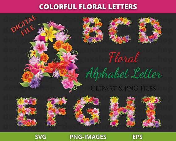 Floral Alphabet Clipart, Flower Alphabet, Colorful, Flowers, Floral Alphabet Eps, Flourish, Monogram, Floral Letters, Instant Download