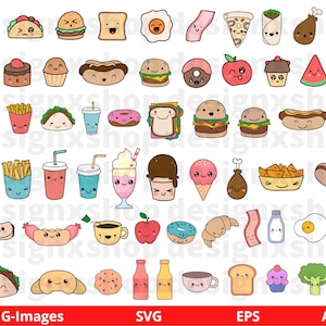 Kawaii Food Clipart, Kawaii SVG Bundle, Food Clipart, Cute Food Clipart