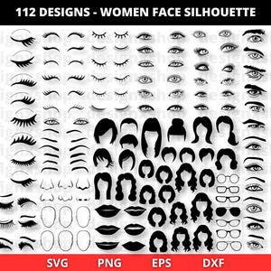 Rosto de mulher svg, cílios svg, cílios svg, cabelo svg, mulher svg, feminino svg, pacote de mulheres svg, cabelo lábios nariz olhos sobrancelhas desenhos conjunto