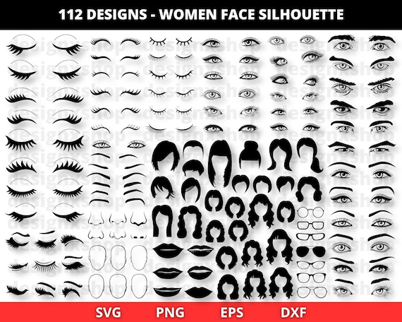 Woman face svg, eyelash svg, lashes svg, hair svg, woman svg, female svg, women svg bundle, Hair Lips Nose Eyes Eyebrows Designs Set