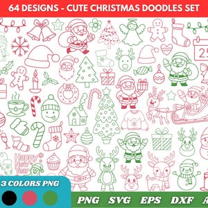 May include: A collection of 64 cute Christmas doodles in red and green, including Santa Claus, reindeer, ornaments, and a Christmas tree. The image includes the text "64 DESIGNS - CUTE CHRISTMAS DOODLES SET" and "3 COLORS PNG".