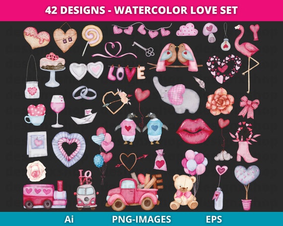 Valentine's Day Clipart, Love Clipart, Watercolor Love Elements, Heart Clipart, Valentine's Watercolor Clipart, Romantic Clipart PNG and EPS
