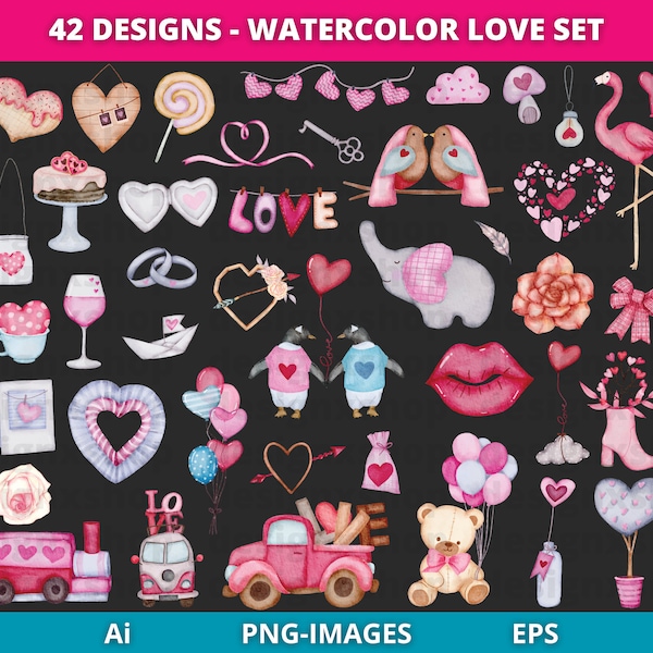 Valentine's Day Clipart, Love Clipart, Watercolor Love Elements, Heart Clipart, Valentine's Watercolor Clipart, Romantic Clipart PNG and EPS