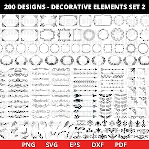 May include: A set of 200 black and white decorative elements for digital design projects. The set includes frames, borders, dividers, arrows, corners, and floral elements. The elements are in a variety of styles, from simple to ornate.