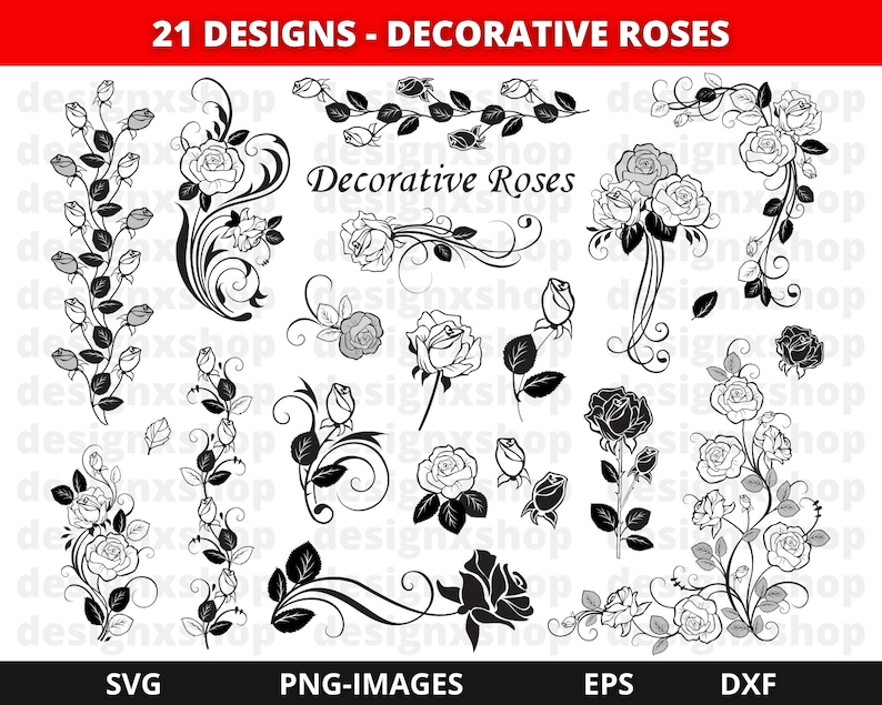 May include: A set of 21 black and white decorative rose designs. The designs include roses, leaves, and vines. The text "21 DESIGNS - DECORATIVE ROSES" and "Decorative Roses" are included in the image.
