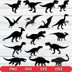 May include: Black dinosaur silhouettes in various poses, including Tyrannosaurus Rex and Pterodactyls, are arranged on a white wood-grain background. The bottom banner displays file type options: PNG, SVG, EPS, and DXF.