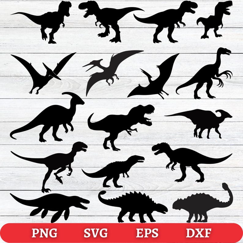 May include: Black dinosaur silhouettes in various poses, including Tyrannosaurus Rex and Pterodactyls, are arranged on a white wood-grain background. The bottom banner displays file type options: PNG, SVG, EPS, and DXF.