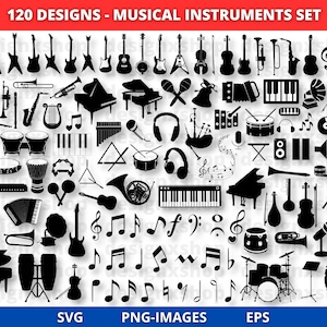 Muziekinstrumenten SVG, muziekinstrumenten clipart, muziek symbolen svg, muziek noten svg, gitaar noot Svg, muzieknoten clipart, Silhouette