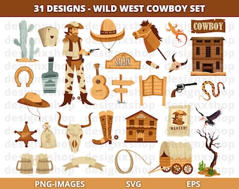 Wild West Cowboy Clipart, Western Cowboy Graphics Set, Mexico Clipart, South Western, Saloon Rodeo Horse Cowboy Sublimation Download