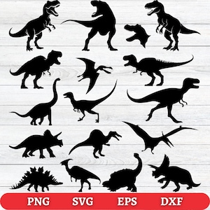 May include: A collection of black dinosaur silhouettes in various poses, including Tyrannosaurus Rex, Triceratops, and Pterodactyls. The image includes the file type labels PNG, SVG, EPS, and DXF in a red banner.