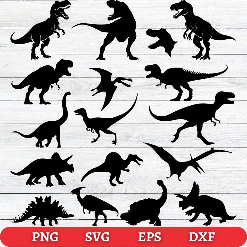 May include: A collection of black dinosaur silhouettes in various poses, including Tyrannosaurus Rex, Triceratops, and Pterodactyls. The image includes the file type labels PNG, SVG, EPS, and DXF in a red banner.