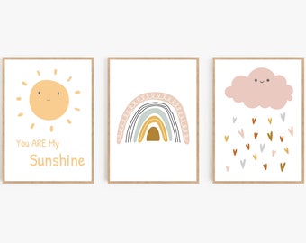 Pastel Rainbow Nursery Art Prints: Sunshine, Cloud, Rainbow (Instant Download)