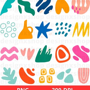 May include: A set of 20 colorful abstract shapes, including a star, a heart, a wave, a leaf, and a vase. The shapes are drawn in a hand-drawn style and are perfect for adding a touch of whimsy to any design project.