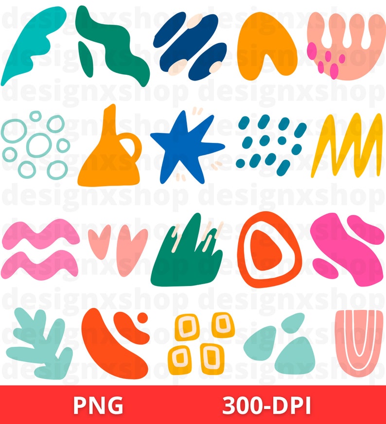 May include: A set of 20 colorful abstract shapes, including a star, a heart, a wave, a leaf, and a vase. The shapes are drawn in a hand-drawn style and are perfect for adding a touch of whimsy to any design project.