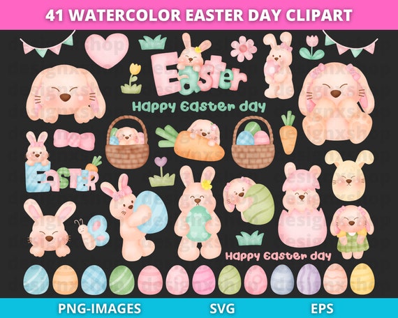 Watercolor Easter clipart, Easter Clipart, Watercolor Rabbit, Easter Bunny Clipart, watercolor Easter eggs, Animal clipart, Download PNG
