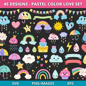 Pastelkleur liefdeselementen | Valentijnsdag-clipart | Babyshower-clipart | Regenboog | Wolk | Zon | Kawaii-elementen | SVG- en png-afbeeldingen