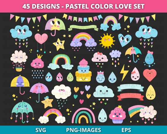 Pastel Color Love Elements | Valentine's Day Clipart | Baby Shower Clipart | Rainbow | Cloud | Sun | Kawaii Elements | SVG and PNG Images