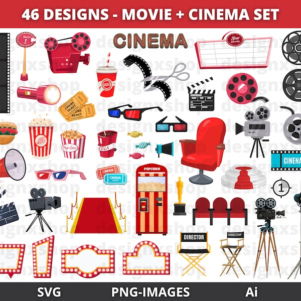 Movie Clipart, Cinema Clipart, Movie Theater Clipart, Movie Night Clipart, Popcorn, Film, Candy, Food, Soda, Instant Download SVG and PNG