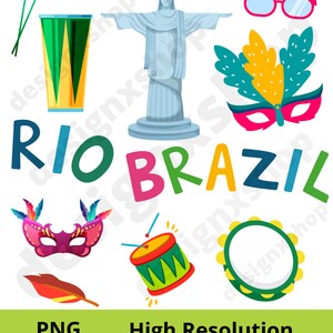 May include: A set of colorful illustrations featuring various symbols of Rio de Janeiro, Brazil. The illustrations include the Christ the Redeemer statue, a green and yellow carnival mask, a tambourine, a red and green drum, a green and yellow feathered headdress, a pair of pink sunglasses, and the words "RIO BRAZIL".