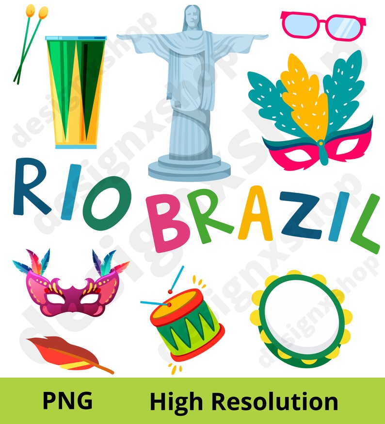 May include: A set of colorful illustrations featuring various symbols of Rio de Janeiro, Brazil. The illustrations include the Christ the Redeemer statue, a green and yellow carnival mask, a tambourine, a red and green drum, a green and yellow feathered headdress, a pair of pink sunglasses, and the words "RIO BRAZIL".