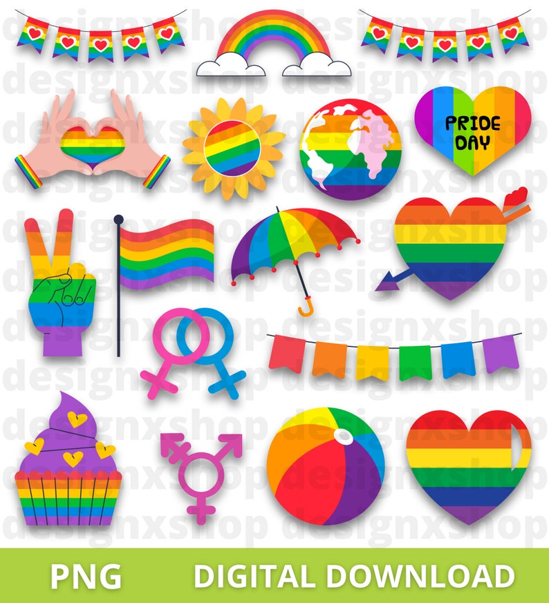 May include: A collection of rainbow-themed digital illustrations including bunting, a rainbow, a heart-shaped sign with the text PRIDE DAY, a sunflower, a globe, a peace sign hand, a flag, an umbrella, a heart with an arrow, a cupcake, and a beach ball.