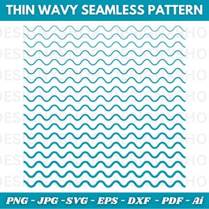 May include: A seamless pattern featuring thin, wavy lines in a teal color, arranged horizontally across a white background. The text "THIN WAVY SEAMLESS PATTERN" is at the top. Below, the image includes file format options: PNG, JPG, SVG, EPS, DXF, PDF, and Ai.
