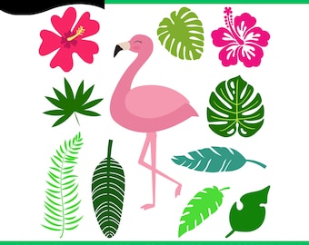 Tropical Clipart, Flamingo svg, Tropical flowers and leaves svg cut file and clip art, summer clipart, Hawaiian flowers, Tropical svg