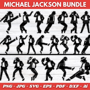 May include: A collection of black silhouette cutouts of Michael Jackson in various dance poses, wearing a suit and fedora. The text "MICHAEL JACKSON BUNDLE" is at the top, with file type options at the bottom.