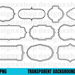 May include: Set of ten black and white outline frames with different shapes and sizes. The frames are perfect for adding a vintage touch to your designs.