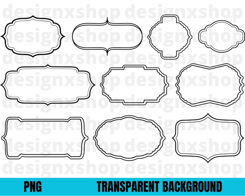 May include: Set of ten black and white outline frames with different shapes and sizes. The frames are perfect for adding a vintage touch to your designs.