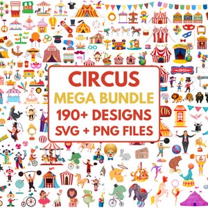 Zirkus-SVG-Mega-Bundle mit über 190 Designs | Karneval-Clipart-Bundle | Zirkuszelt, Clown, Tiere, Riesenrad (SVG/PNG) für Cricut & Silhouette